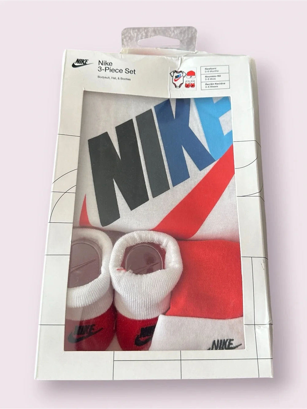 Nike Infant 3-Piece Set Body Suit, Hat & Booties- White, Red, Blue Size 0-6 Mon